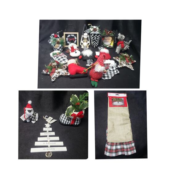 Christmas Tree Skirt & Ornament Bundle | Black & White Plaid Mitts Gnome Deer + - Picture 1 of 7